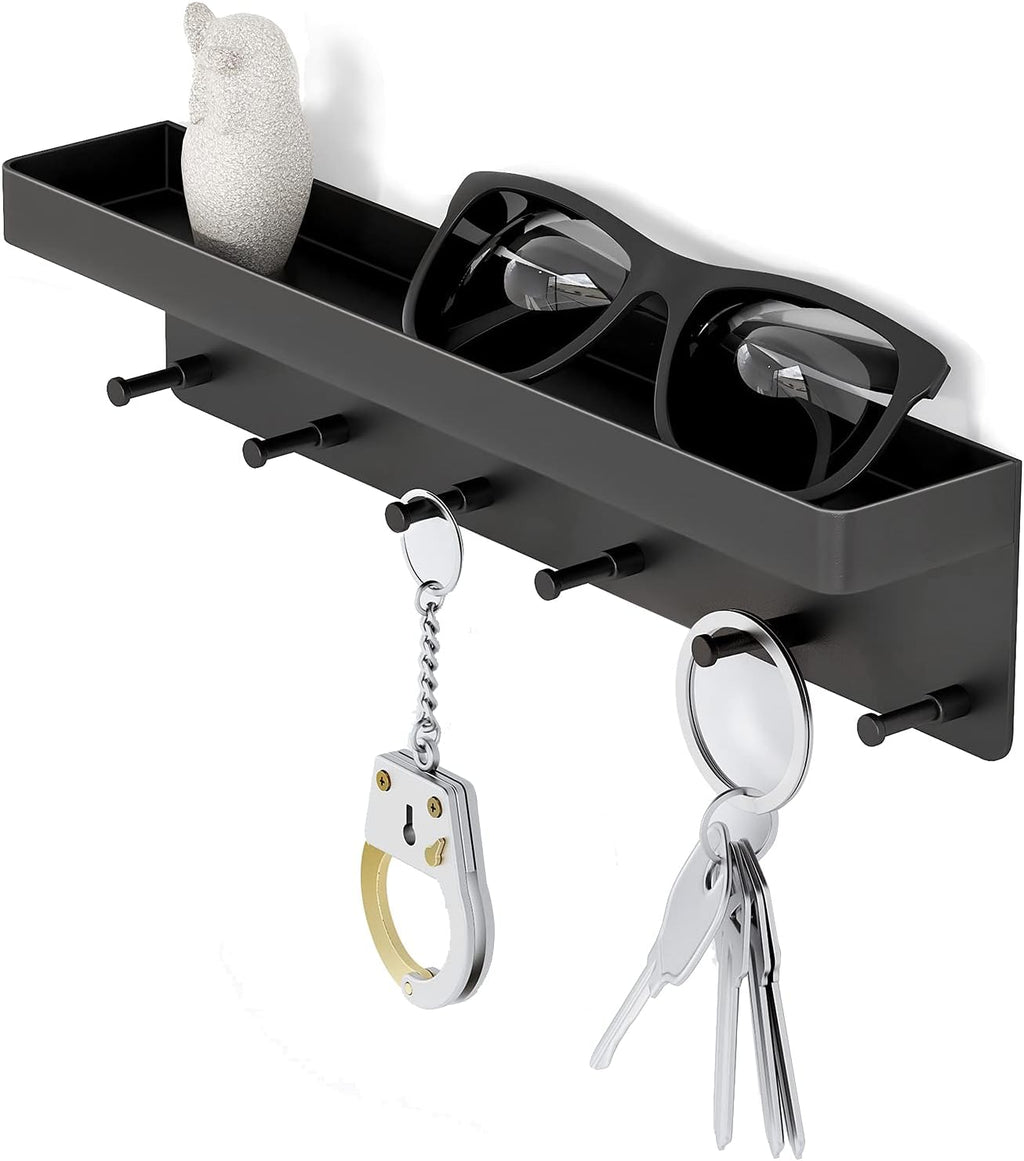 MKO Key Holder Wall Mount, Key Holder Wall Mount Adhesive with Mail Organizer Tray with 6 Key Hooks for Wall, Black