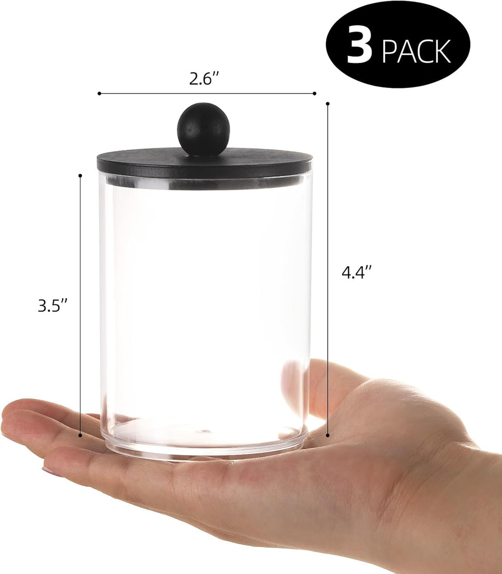 Tbestmax 3 Pack Qtip Holder, Clear Bathroom Containers Dispenser for Storage Cotton Ball, Cotton Swab 10oz Plastic Bathroom Jars with Wood Lids - Black