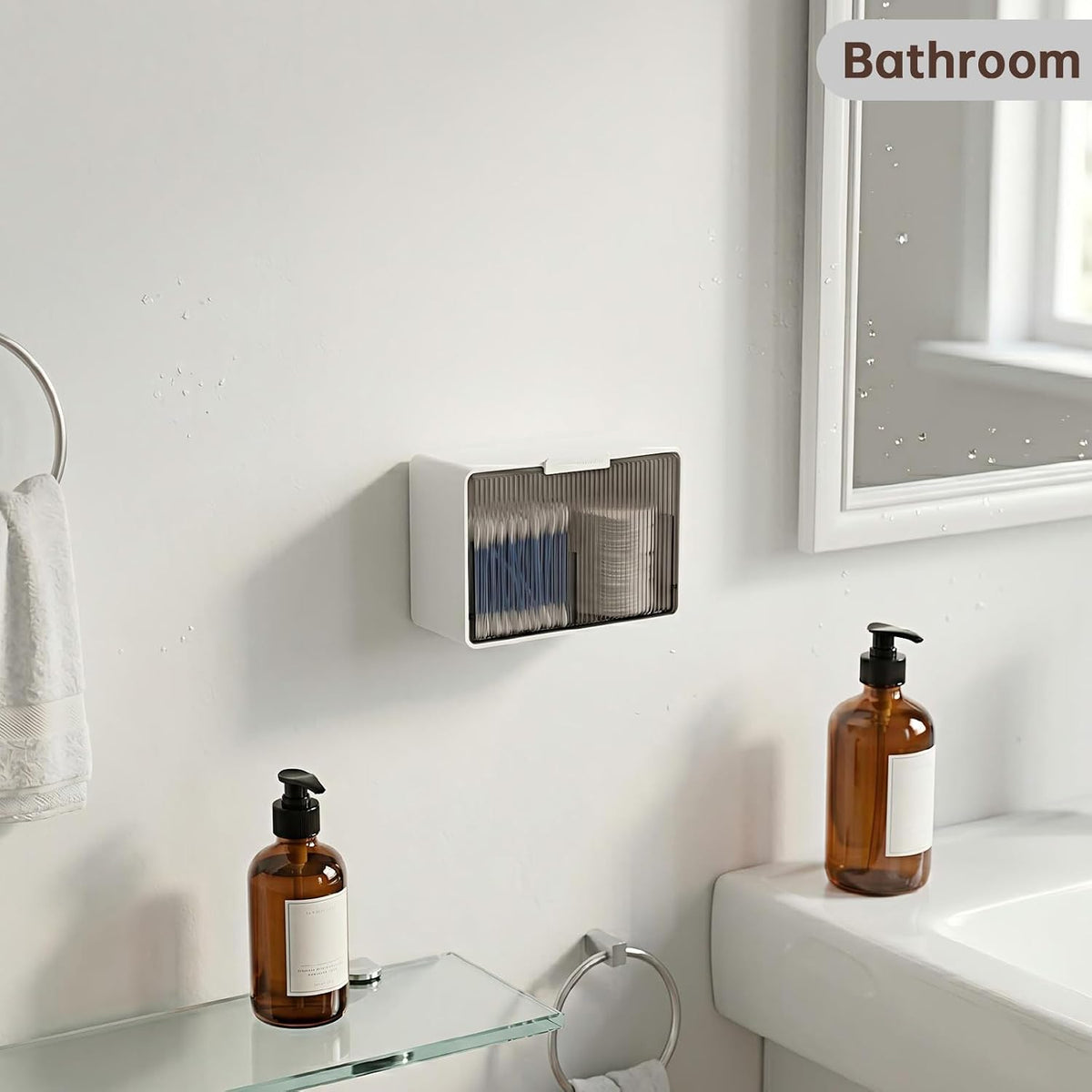 DASITON Wall Mounted Qtip Holder, Cotton Swab Storage Box with Lid, Bathroom Canister Organizer for Cotton Swabs, Balls, Pads, Floss Picks, Waterproof Bathroom Storage Container for Vanity (Grey S)
