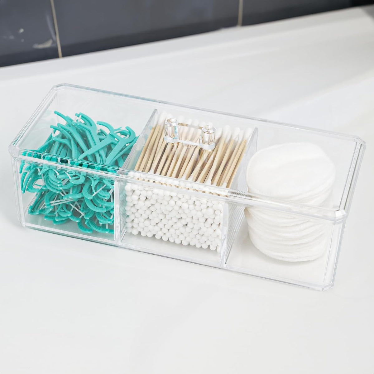 ZEXALOR Clear Bathroom Dresser Organizer - Cotton Ball Swab Holder with 3 Divided Compartments&Lid, , Waterproof Transparent Small Plastic Storage Containers, Vanity Makeup Organization