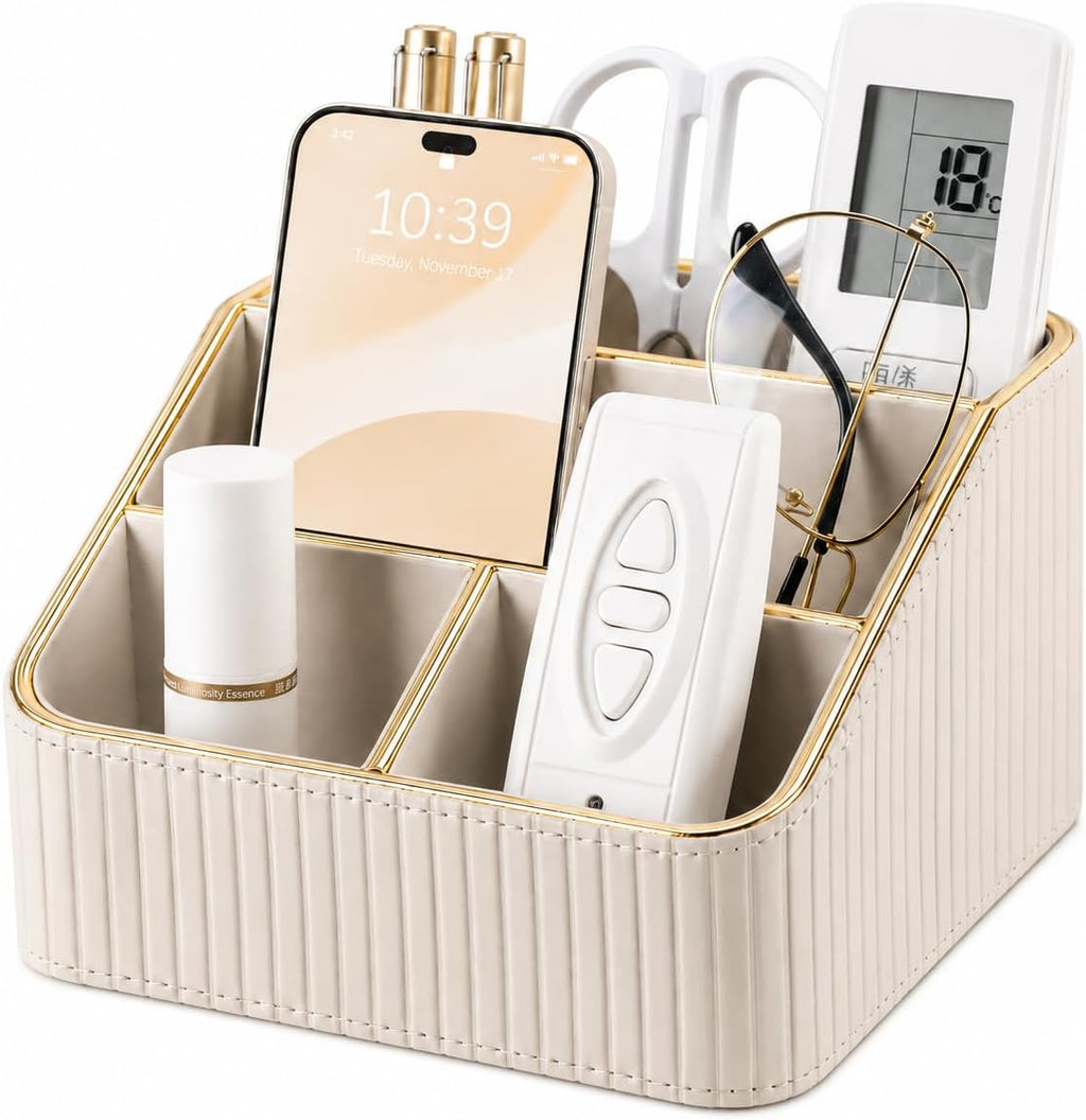 KINGFOM PU Leather Remote Control Holder, 4 Compartment Nightstand Organizer with Gold Trim, Small Desk Organizer for Office Supplies, Phone, Glasses, Pens, Bedside Table, Living Room Decor Beige