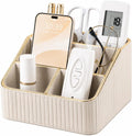 KINGFOM PU Leather Remote Control Holder, 4 Compartment Nightstand Organizer with Gold Trim, Small Desk Organizer for Office Supplies, Phone, Glasses, Pens, Bedside Table, Living Room Decor Beige