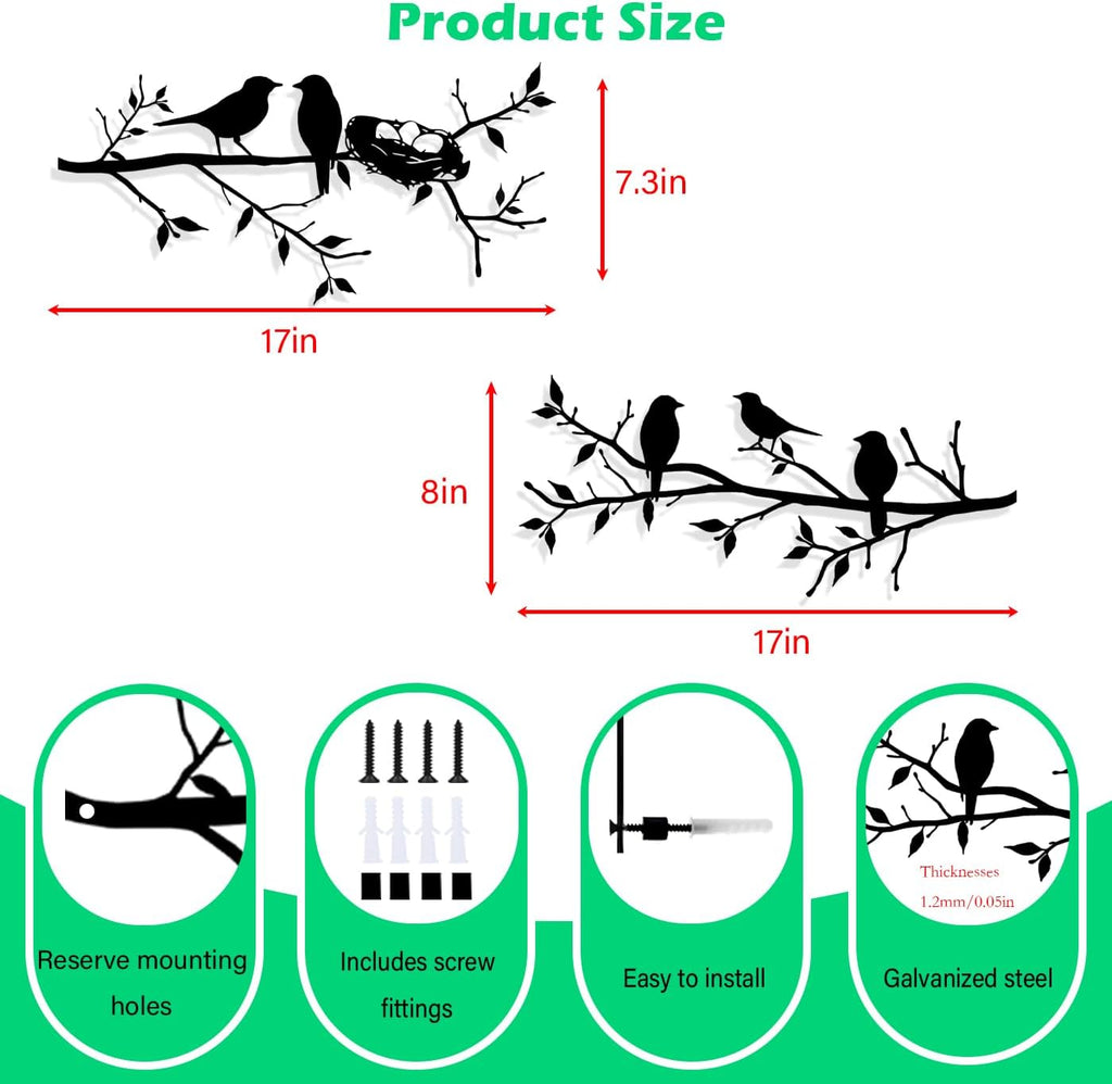 2pcs Metal Birds Wall decor,Birds on branch Silhouette wall art