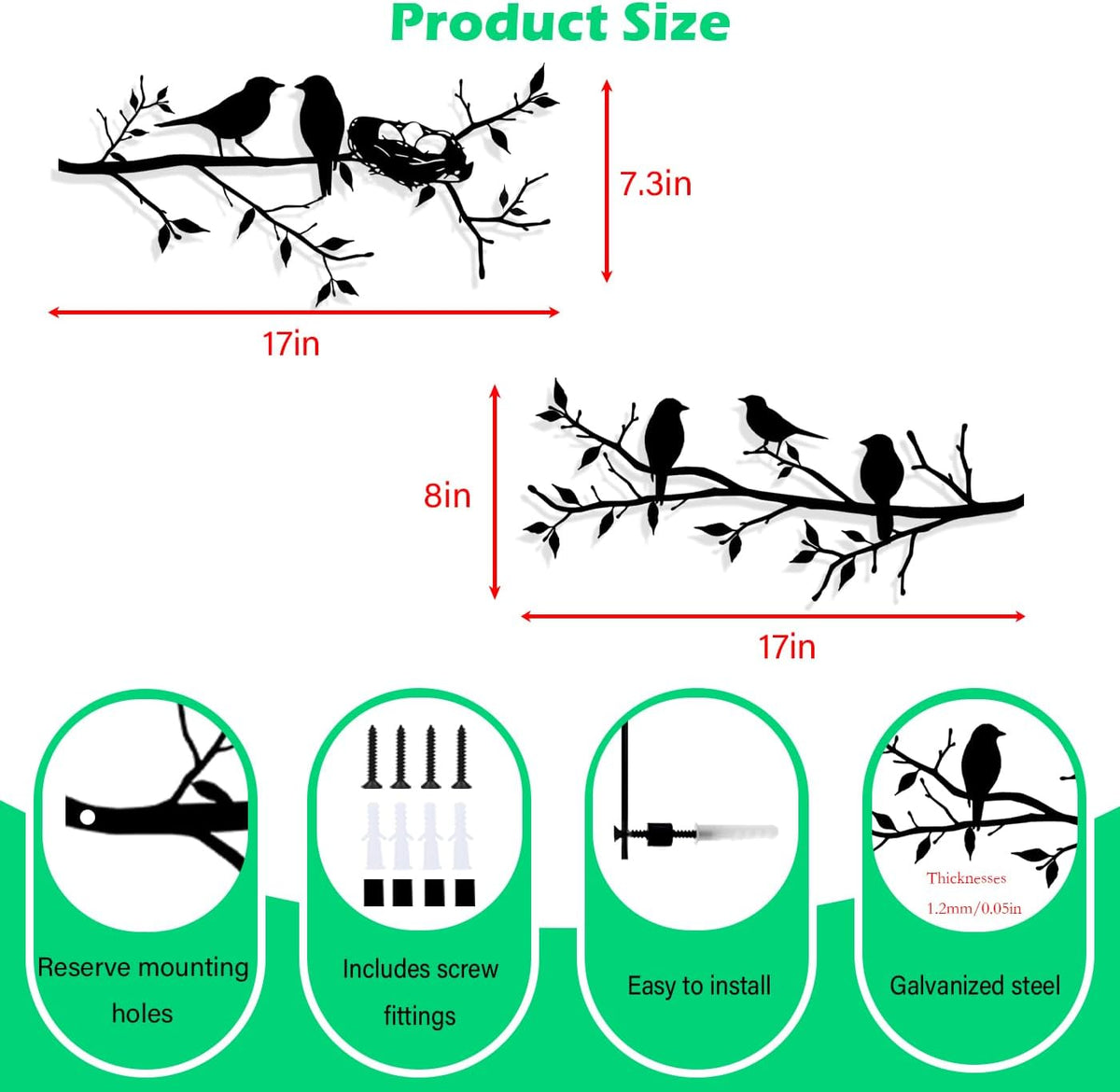 2pcs Metal Birds Wall decor,Birds on branch Silhouette wall art