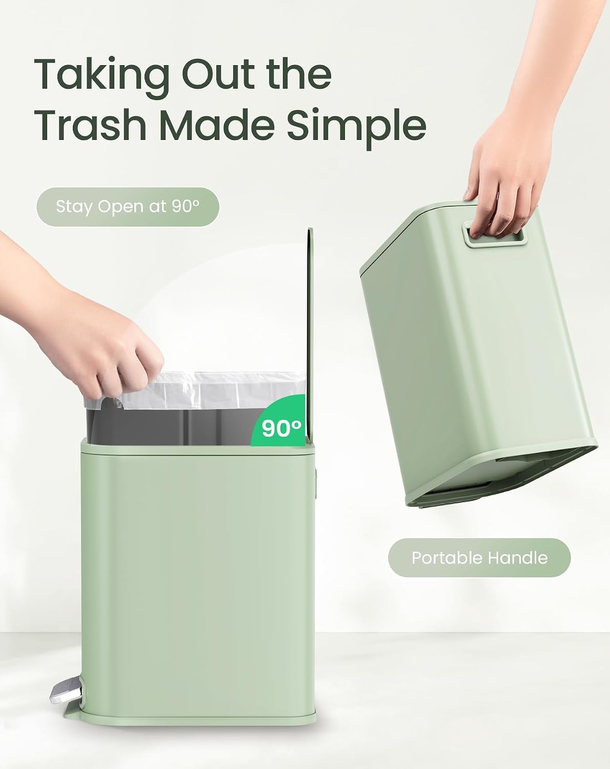 Cesun Small Bathroom Trash Can with Lid Soft Close & Pedal, 1.3 Gal, Green
