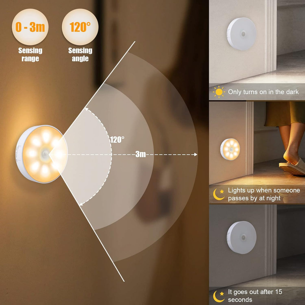 3 PCS Motion Sensor Light, Rechargeable Night Light(3000K Warm Yellow)