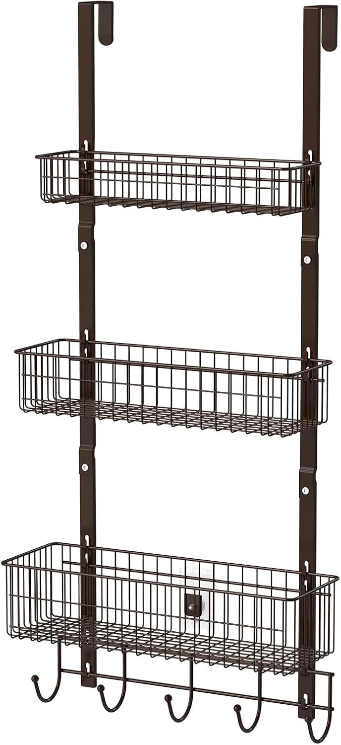 ETELI Over the Door Basket Organizer 3 Tier Hanging Basket Door Shelf Rack Heavy Duty Over Door Pantry Organizer with 3 Metal Baskets for Kitchen Bathroom Bedroom Living Room, Dark Brown