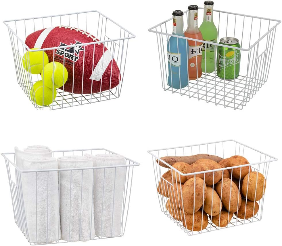 Freezer Organizer Bin, Kitchen Metal Wire Storage Basket, Pantry Cupboard Household Container Divider with Handles, Bathroom, Closet, Bedroom, Office, Rustproof - White（4）