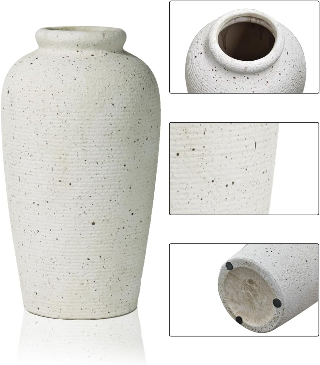 Large Beige Ceramic Vase, 11 Inch Ribbed Speckled Rustic Vase for Decor