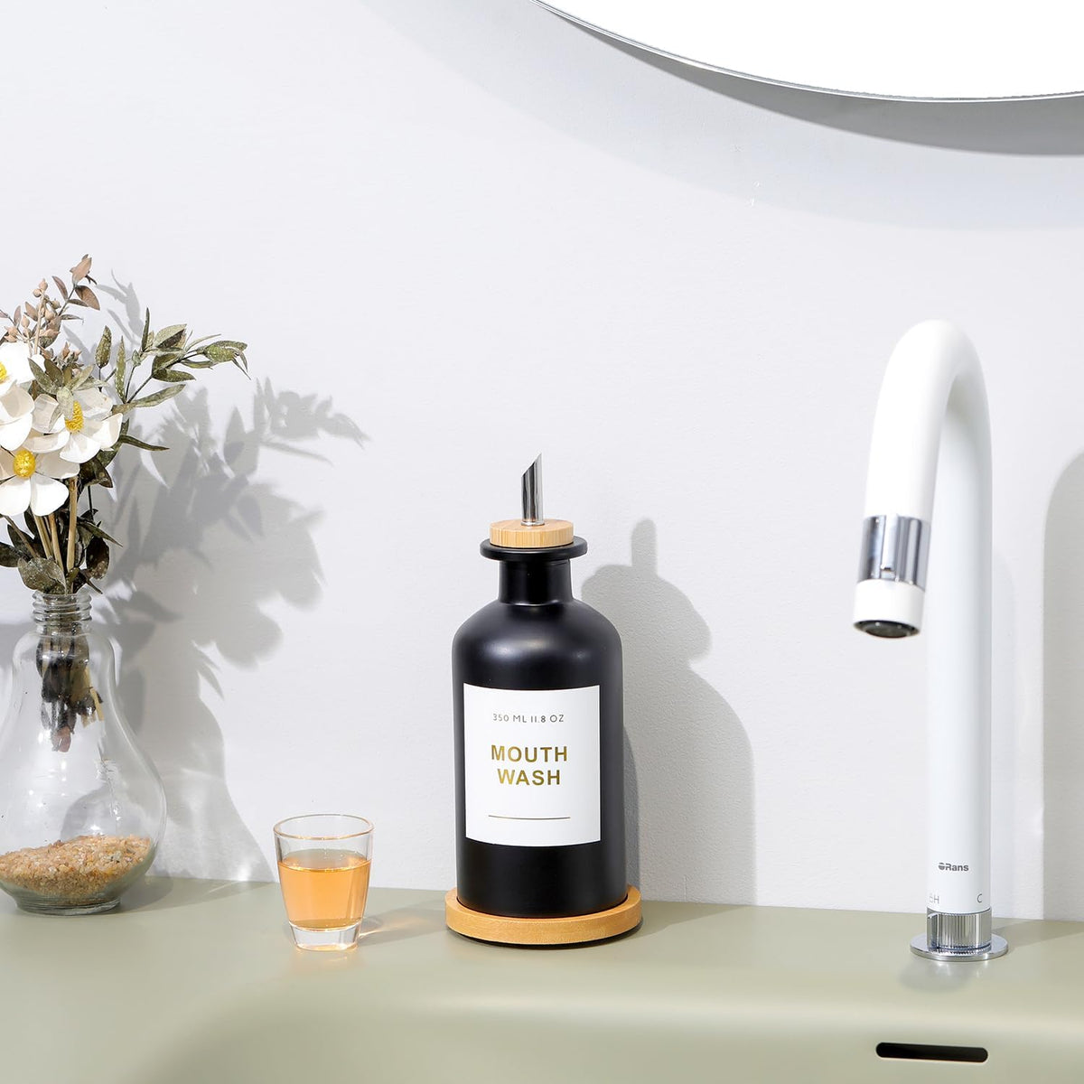 11.8OZ Glass Mouthwash Dispenser for Bathroom, Black