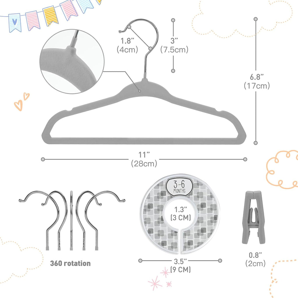 Babyrish Velvet Baby Hangers with 10x Clips and 8X Dividers (30 Pack) | 11” Ultra-Slim Baby Clothes Hangers | Non-Slip Felt | Space-Saving Nursery & Infant Closet Organizer | Gray