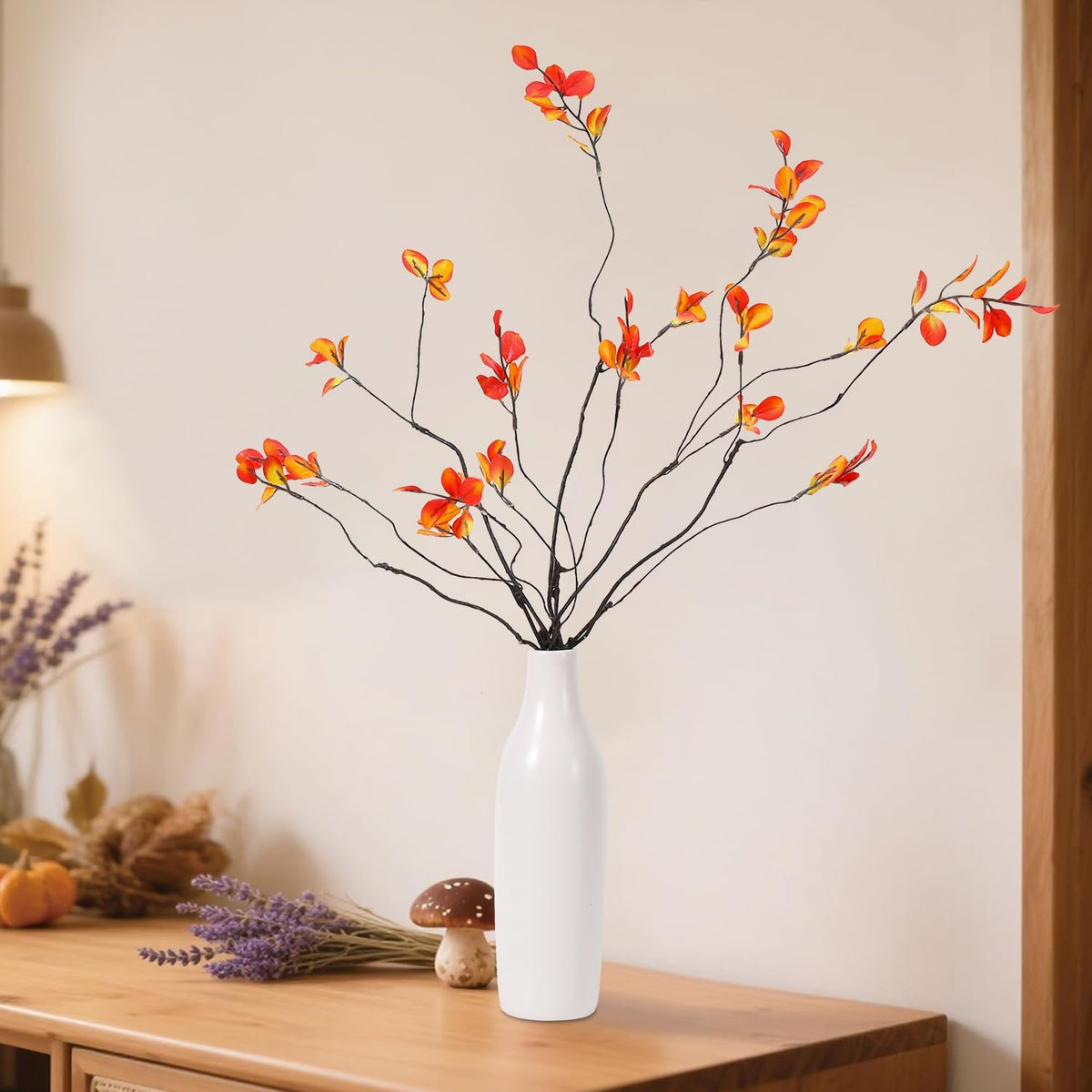 5Pcs Fall Stems Artificial Ficus Branches with Vases,Fall Faux Eucalyptus Stems in Flower Vase,Yellow Fake Plant leaves for Thanksgiving Autumn Home Bedroom Decor Centerpiece Table Decoration