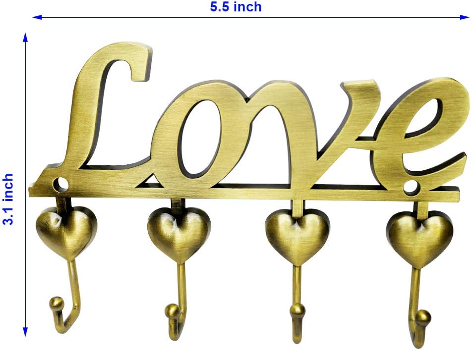 Myartte Key Holder- Key Hooks Decorative for Wall Decorative Zinc Alloy Key Organizer Rack with 4 Hooks -with Screws and Sticker (Antique Brass Love)