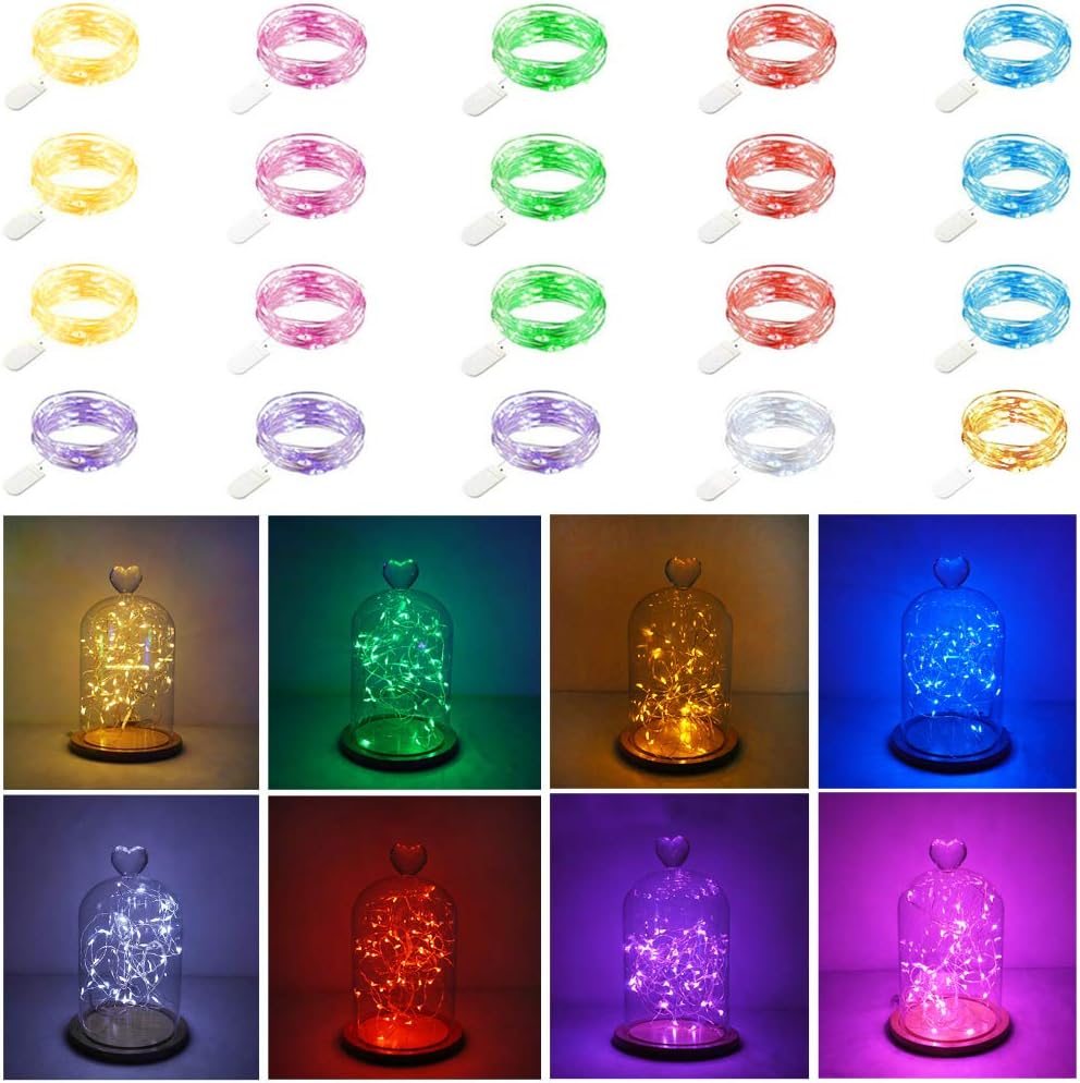 20 Pack Fairy Lights Battery Operated, 20 LED String Lights Mason Jar Lights, Waterproof Copper Wire Mini Lights String Firefly Light for Wedding, Table, Party, Christmas Decor (8 Colors)