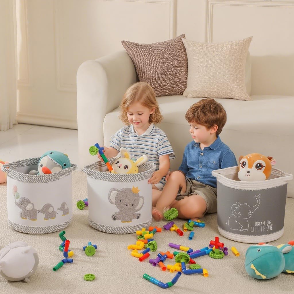 3-Piece Woven Baby Toy Blanket Storage Baskets Laundry Hampers, Elephant Design Foldable Nursery Organizer for Toys Clothes Stuffed Animals, Roomy Sturdy Hamper for Baby Gift Nursery Decor Basket