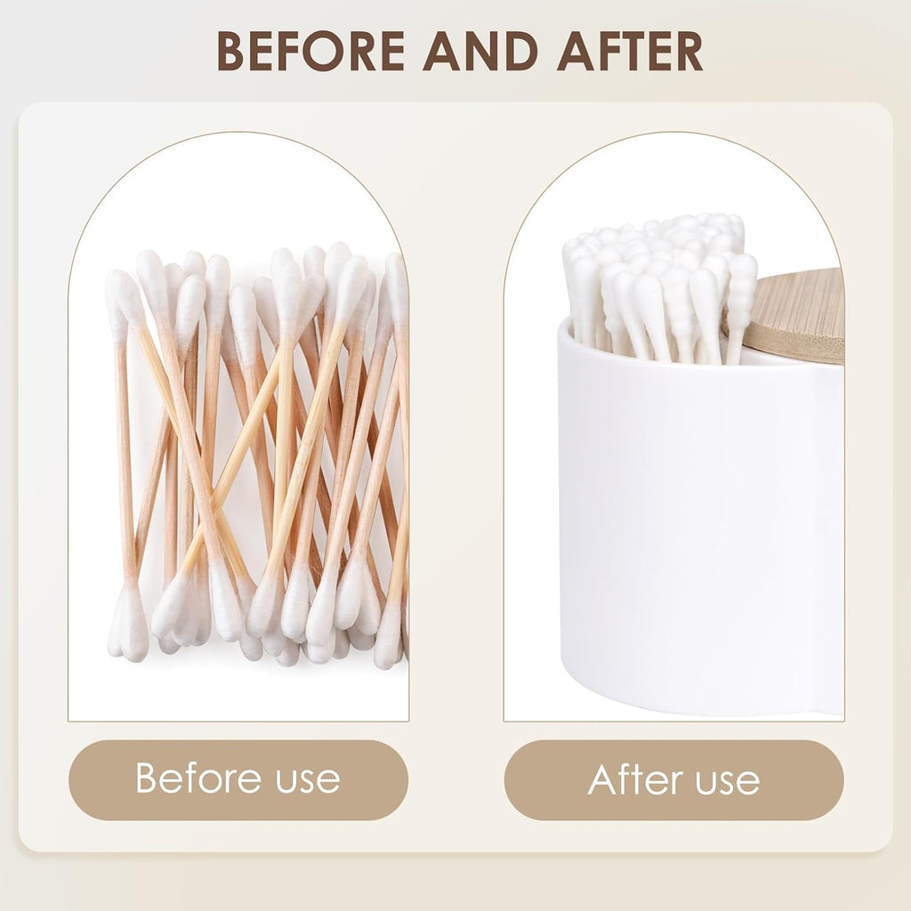 Adorila Compact Cotton Pad & Swab Holder with Bamboo Lid, White