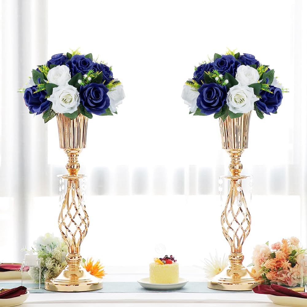 10Pcs Artificial Rose Balls for Centerpieces (Navy Blue & White)