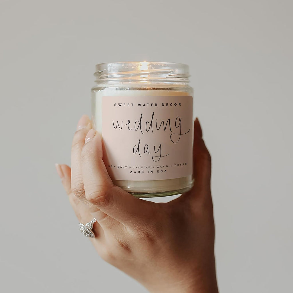 Sweet Water Decor Wedding Candle - Sea Salt, Jasmine, Cream, and Wood Scented Soy Wax Candle for Home - Engagement and Wedding Gifts for Women - 9oz Clear Jar, 40 Hour Burn Time, Made in the USA