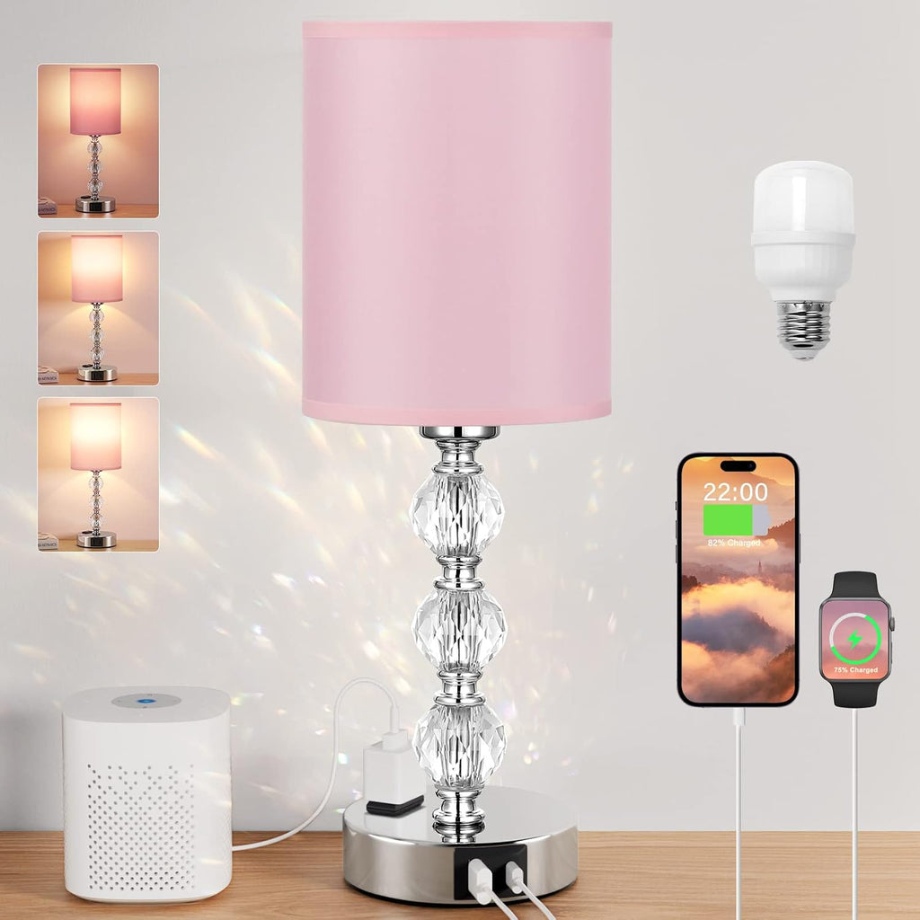 Pink Touch Bedside Lamps for Bedrooms - Crystal Table Lamp with USB C+A Charging Port and AC Outlet Nightstand, 3 Way Dimmable Silver Small End Side Table Lamp for Living/Guest/Dinning Room/Kitchen