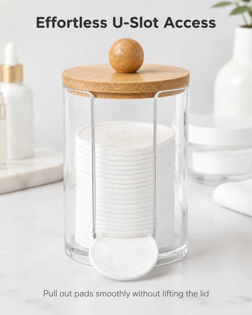 Cotton Round Holder with Bamboo Lid, 10oz Cotton Pad Dispenser