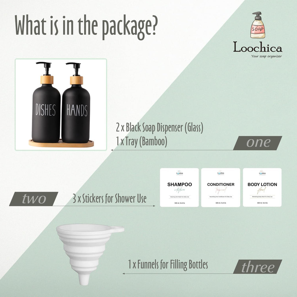 LOOCHICA 2 Pack Black Glass Soap Dispenser Set with Tray, Hand and Dish Glass Soap Dispensers for Kitchen Sink, Matte Black Soap Dispenser Suitable for Kitchen Sink, Rustic Kitchen Décor