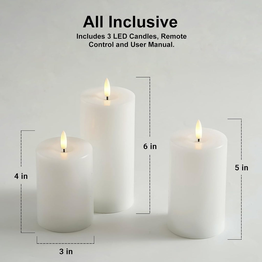 Stmarry White Flameless Candles with Remote and Timer, Real Wax Made LED Pillar Candles Battery Operated with 3D Flickering Flame - 3" x 4", 3" x 5", 3" x 6" - Set of 3