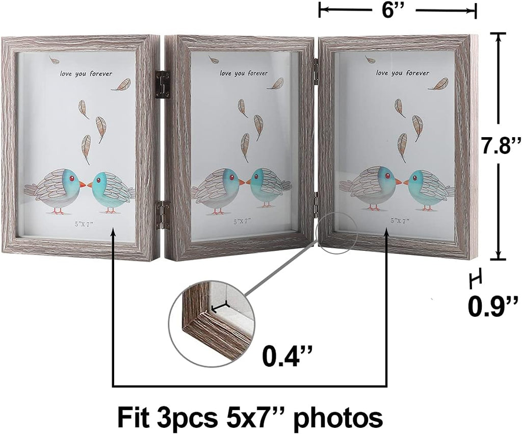 5x7 Triple Hinged Picture Frames Shadow Box MDF Wood Grey with Real Glass 3 Vertical Opening Family Lover Gift