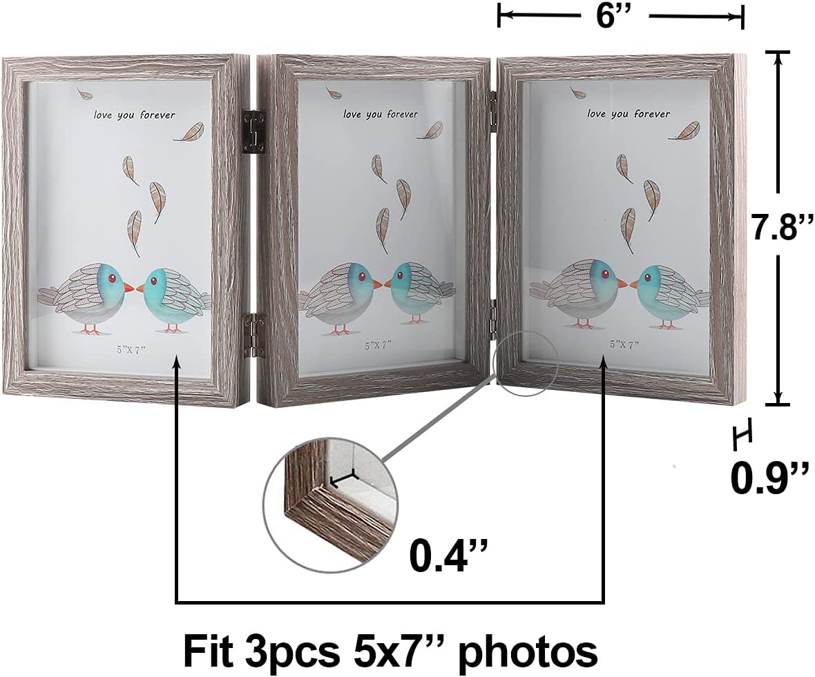 5x7 Triple Hinged Picture Frames Shadow Box MDF Wood Grey with Real Glass 3 Vertical Opening Family Lover Gift