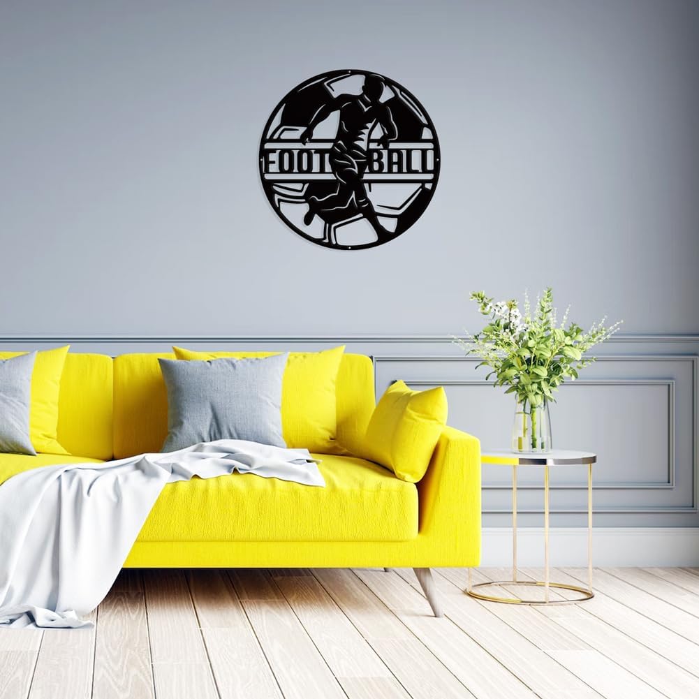 NBEADS Soccer Theme Metal Wall Art Decor, Flat Round Matte Black Wall Hanging Decor Silhouette Wall Art for Home Bedroom Living Room Garden Hotel Office Wall Decoration, 10.7 Inch