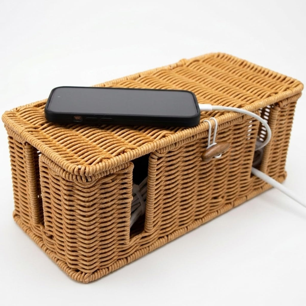 Rattan Cable Management Box, Woven Cord Organizer and Cord Hider with Lid to Hide Power Strips, Aesthetic Wire Hider for Home Office Desk, 13" x 5.91" x 5.12"