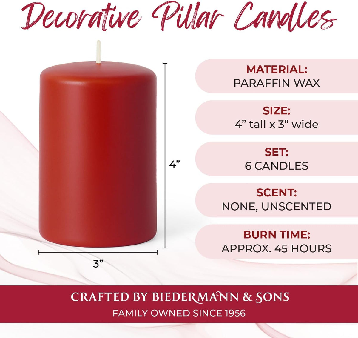 Biedermann & Sons Cranberry Red Pillar Candles (6 Pack), 4 Inch Tall 3 Inch Wide Round, Unscented Paraffin Wax, Approx 40 to 45 Hour Burn, Dripless Decorative Candles for Home and Events