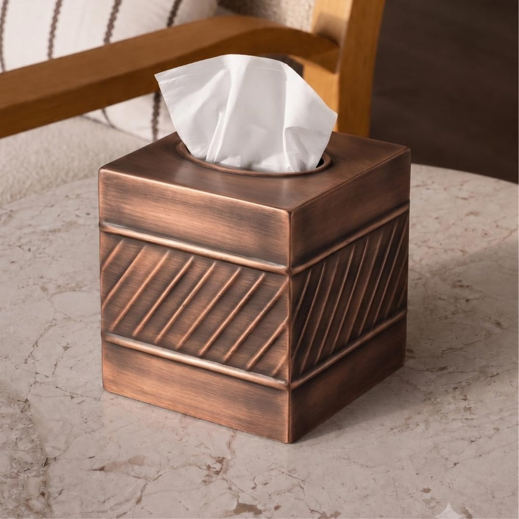 Monarch Abode Tissue Box Cover Square – Handcrafted Wave Embossed Antique Copper Metal Tissue Holder Box for Bathroom Accessory, Aesthetic Decorative Facial Napkin Cube for Modern Home Decor