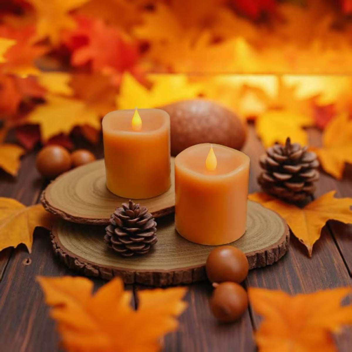 Fall Flameless LED Candles 3 inch Diameter Real Wax 2AA Battery Operated 600hr+ Flickering Candles with Timer Remote Control for Halloween Thanksgiving Christmas Indoor (Orange, 3″×3″- 2 PCS)