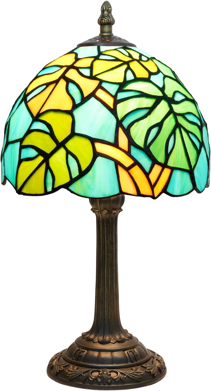 Tiffany Lamp Monstera Deliciosa Stained Glass Table Lamp Handmade Green Monstera Swiss Cheese Plant Bedside Desk Light Unique Cute Accent Nightstand Light for Home Office Dormitory Bar Decorate