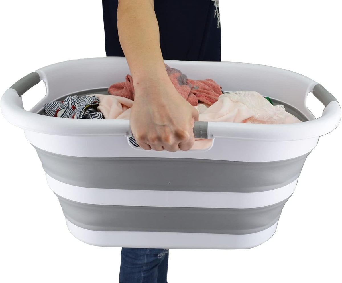 SAMMART 40L (10.5 gallon) Collapsible Plastic Laundry Basket - Space Saving Storage Container/Organizer - Portable Washing Tub - Foldable Pop Up Hamper/Basket (2, White/Grey)