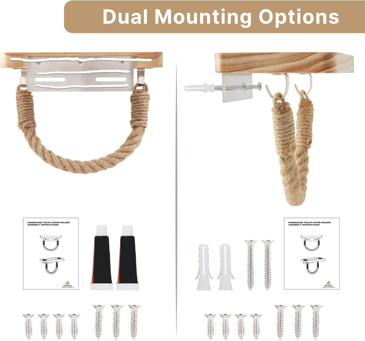 Farmhouse Toilet Paper Holder with Wood Shelf Rope Bathroom Decor