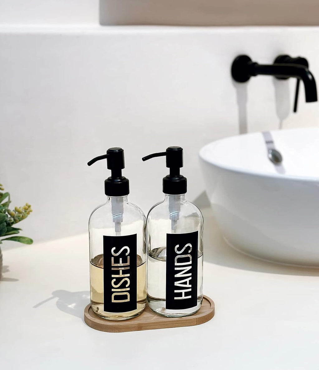 JASAI 2Pack 18OZ Glass Soap Dispenser with Black Hand & Dish Printed Label