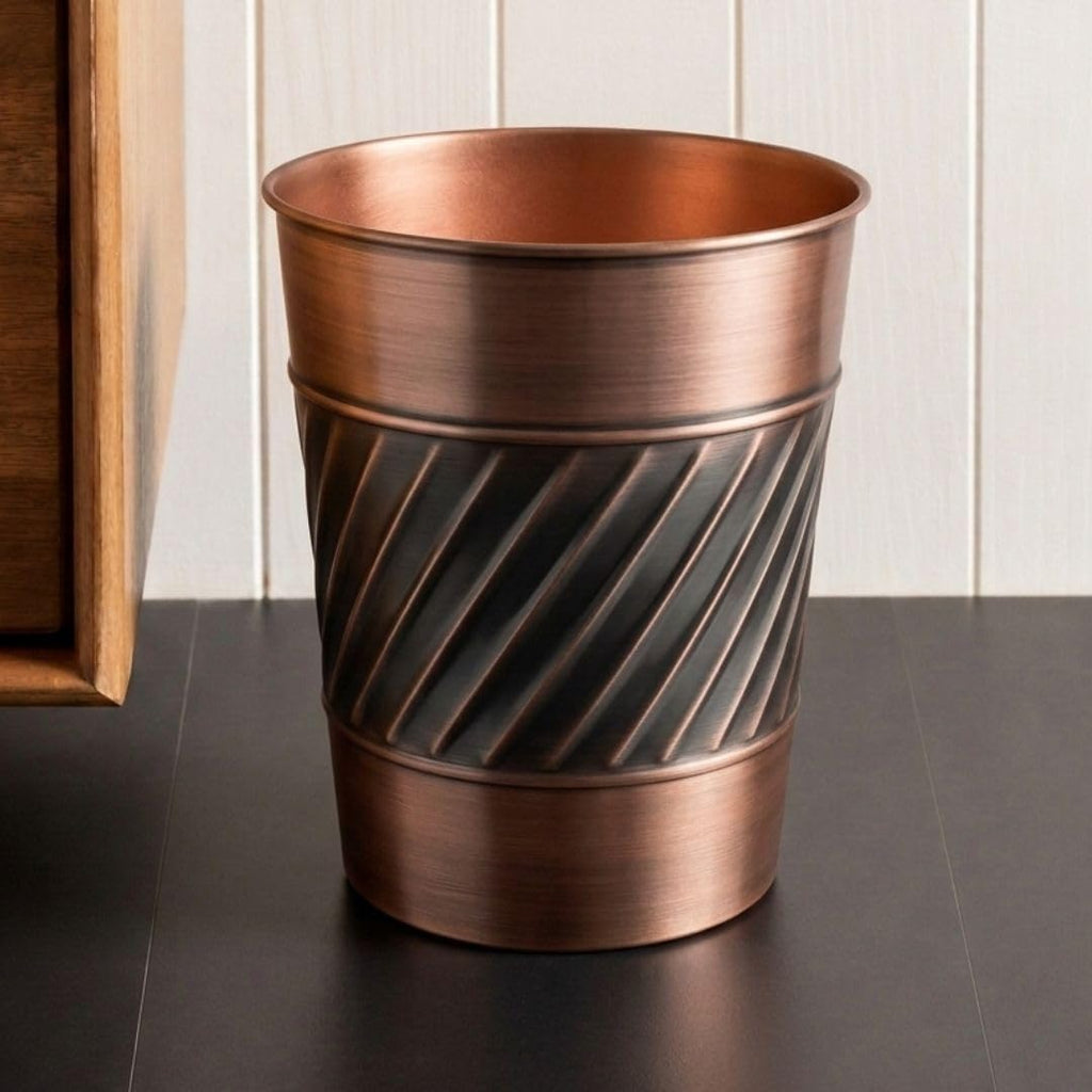 Monarch Abode Metal Bathroom Trash Can – Waste Basket for Bedroom, Office Desk, & Dorm, Handcrafted Wave Embossed, Durable Decorative Antique Copper Small Trash Can Bathroom Garbage Bin Wastebasket