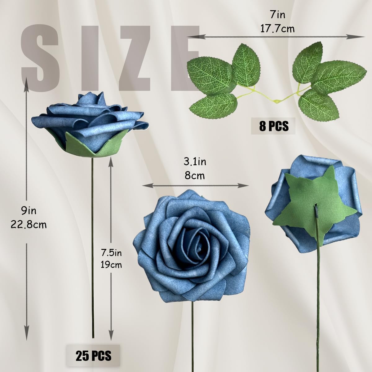 25pcs Dusty Blue Shades Foam Fake Rose with Stems 8 Leaves Real Looking Artificial Flowers Faux Navy Blue Roses for Wedding Bouquets Bridal Shower Centerpieces Arrangements Party Tables Decorations