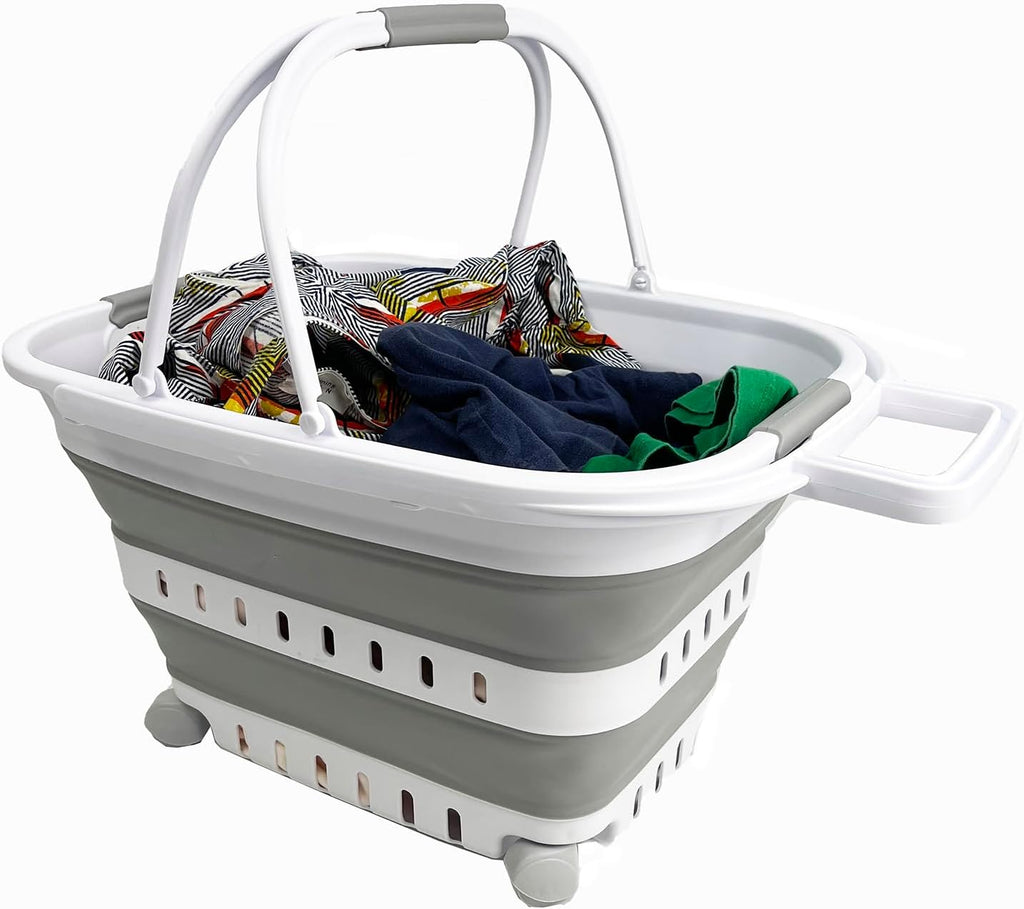 SAMMART 35L (9.24 Gallons) Collapsible Plastic Laundry Basket with Handle and Wheels - Foldable Pop Up Storage Container/Organizer with handle and wheels - Space Saving (1, White/Grey)