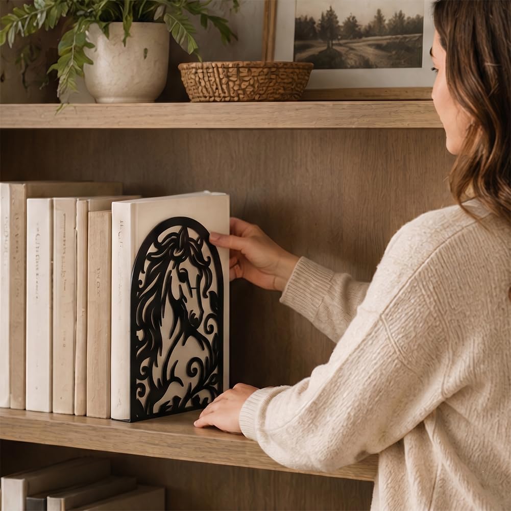 1 Pairs Metal Bookends, Galloping Horse Design Heavy Duty Black Book Support, Modern Creative Non-Skid Books Organiser for Shelves Bookshelf Office Home Decor, Bookworms Gift
