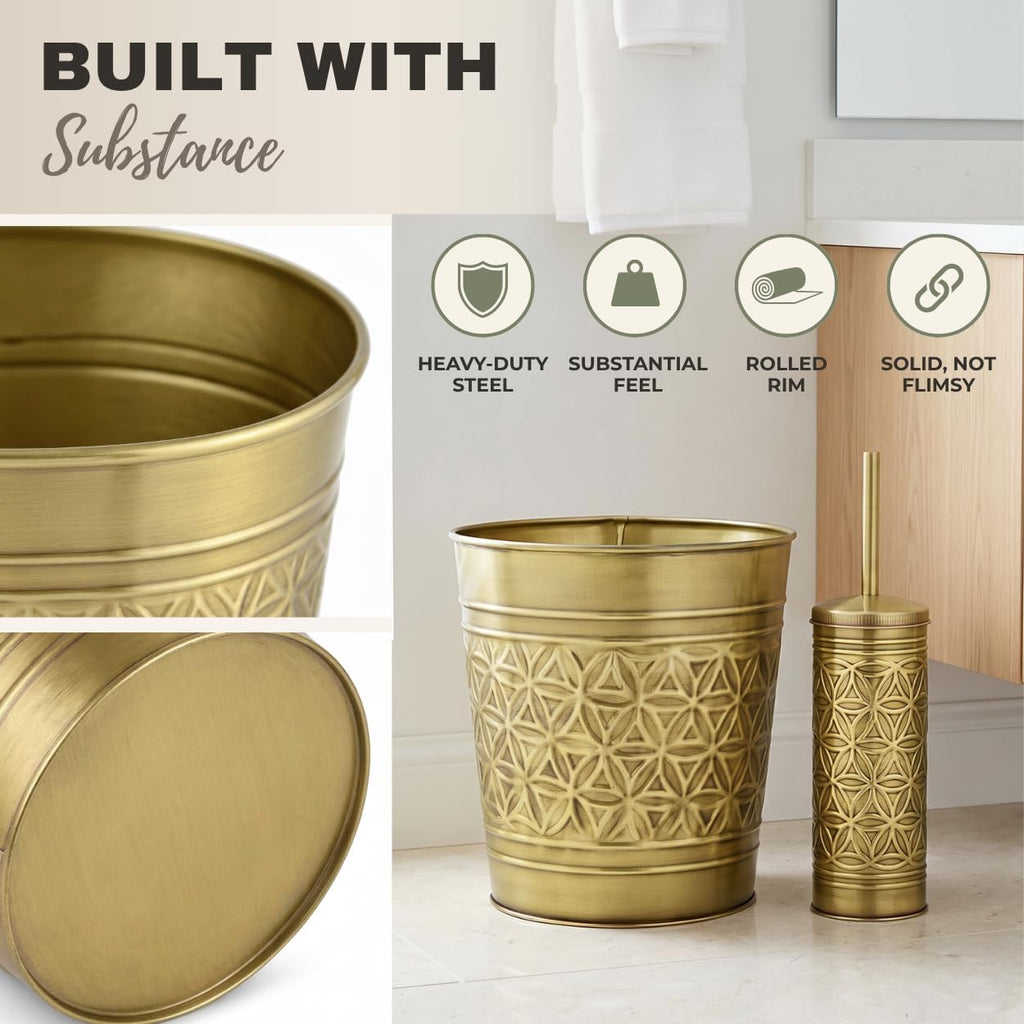 Autumn Alley Toilet Brush and Holder Set with Brushed Brass Bathroom Trash Can – Brass Bathroom Accessories Garbage Can Set for Rustic and Modern Bathroom Décor