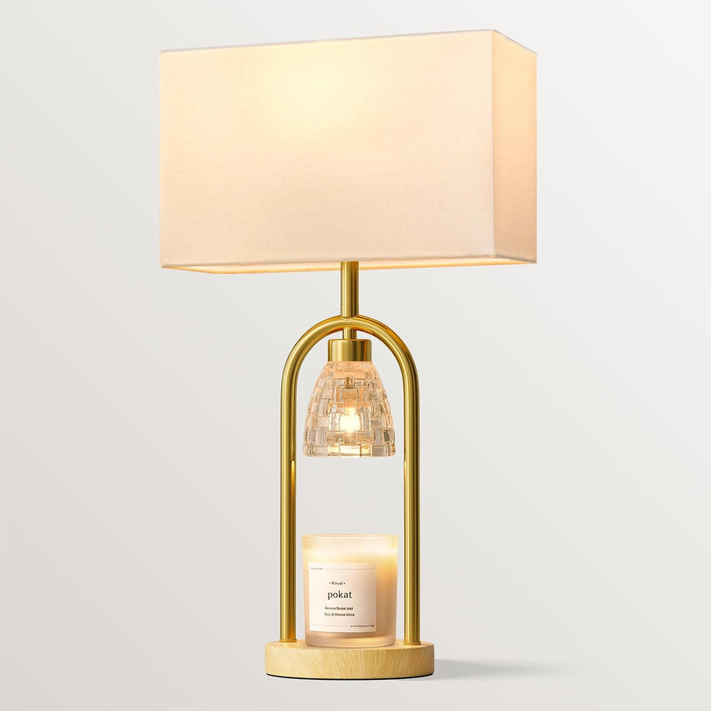PoKat 22'' Table Lamp with Candle Warmer for Bedroom, Farmhouse Wood & Gold