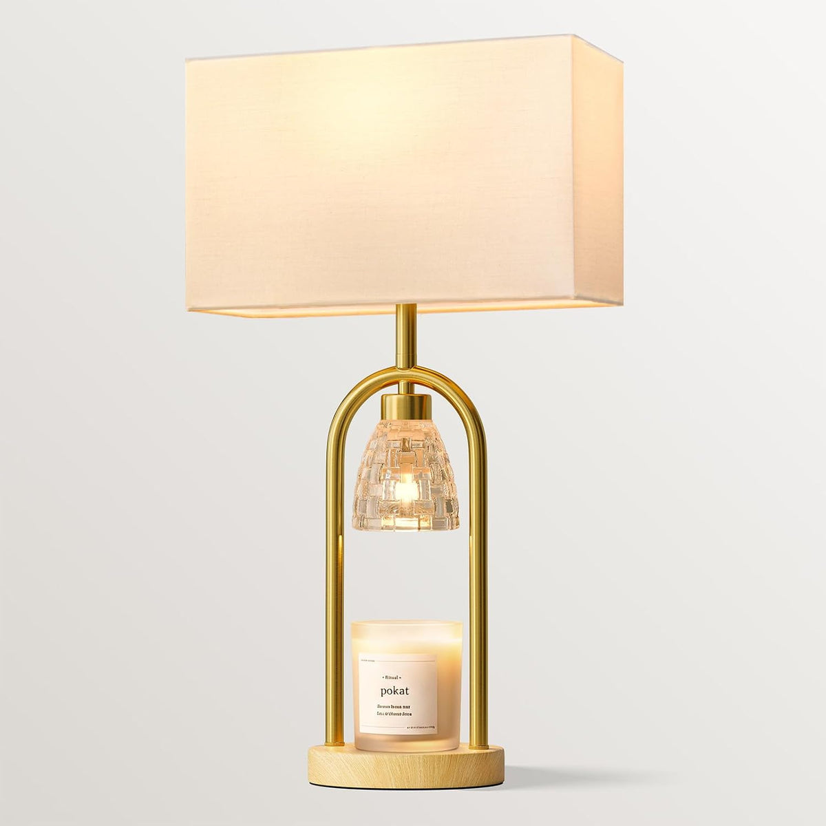 PoKat 22'' Table Lamp with Candle Warmer for Bedroom, Farmhouse Wood & Gold