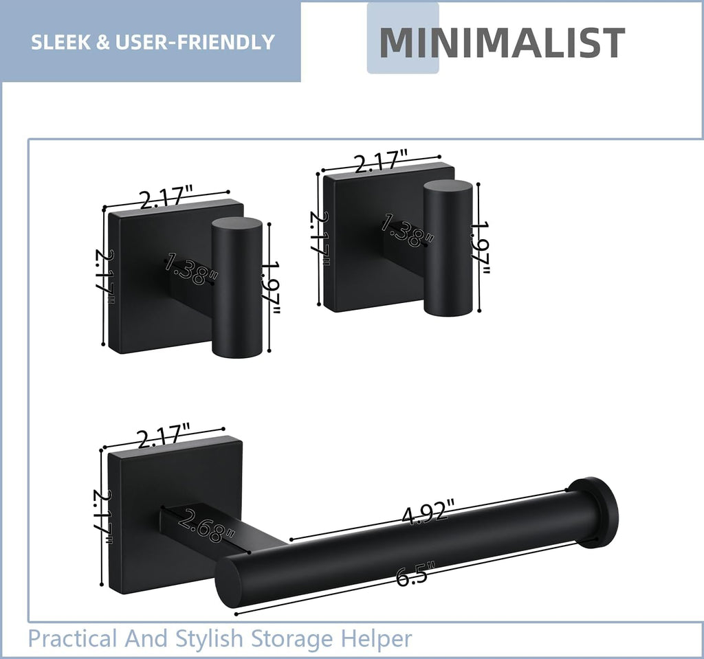 Toilet Paper Holder Set with 2 Robe Hooks, Matte Black