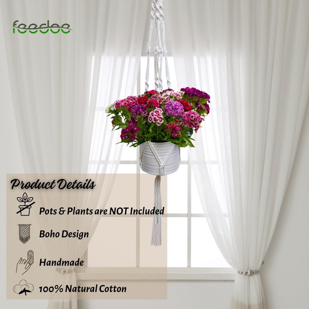 3 Pack Macrame Plant Hanger Indoor Hanging Planter for Plants Holder, Hanging Pot Holder Macrame Decorative Flower Pot Holder with 3 Hooks for Indoor Outdoor Boho Home Décor, Ivory (POTS NOT INCLUDED)