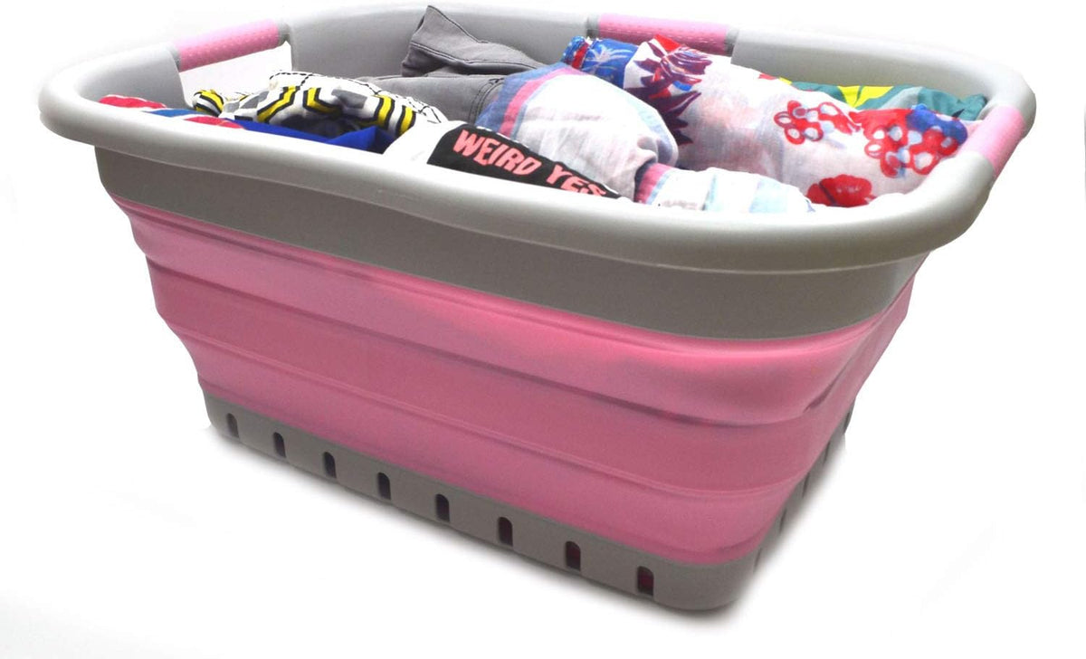 SAMMART 41L (10.8 gallon) Collapsible 3 Handled Plastic Laundry Basket - Foldable Pop Up Storage Container/Organizer - Portable Washing Tub - Space Saving (3 handled rectangular, Grey/Pink)