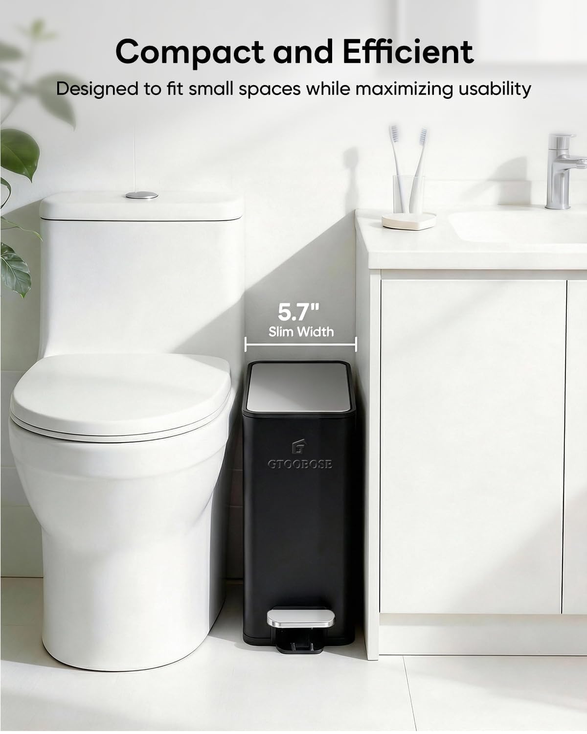 10L/2.6G Slim Bathroom Trash Can, Narrow Stainless Steel Soft-Close Step Pedal Bin with Lid, Odor Control Carbon Box, Removable Inner Bucket, Small Waste Bin for Bedroom, Office, RV (Black)