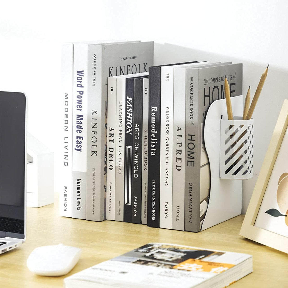Adjustable Bookends Metal Book Ends for Heavy Book Holder Heavy Duty Bookends Nonskid Bookcase Desktop Book Organizer Binder Holder (White)