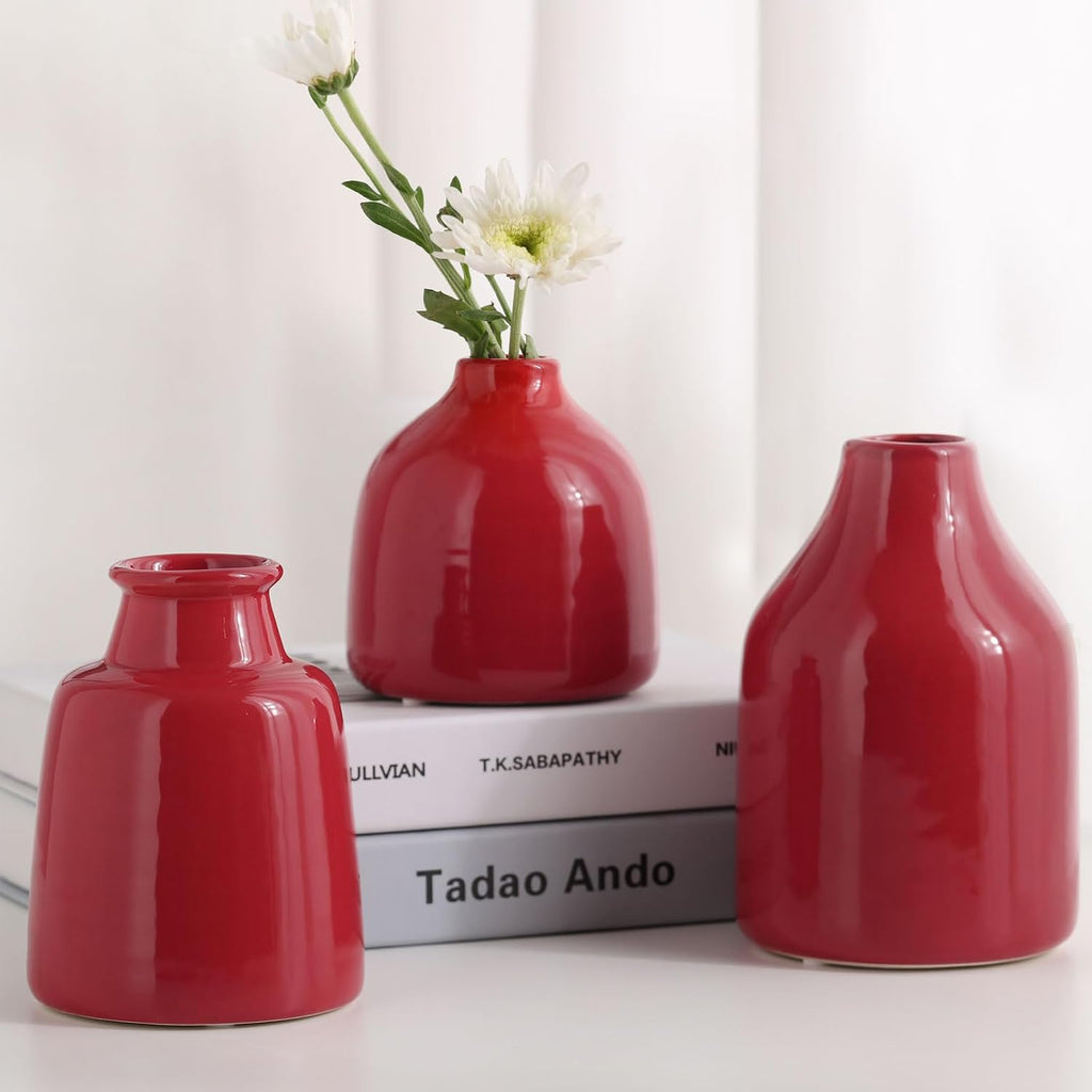 hjn Red Small Vase Set of 3 for Modern Home Decor,Ceramic Vases for Centerpieces Flower Vases for Living Room Wedding/Dinner Table/Party -Red